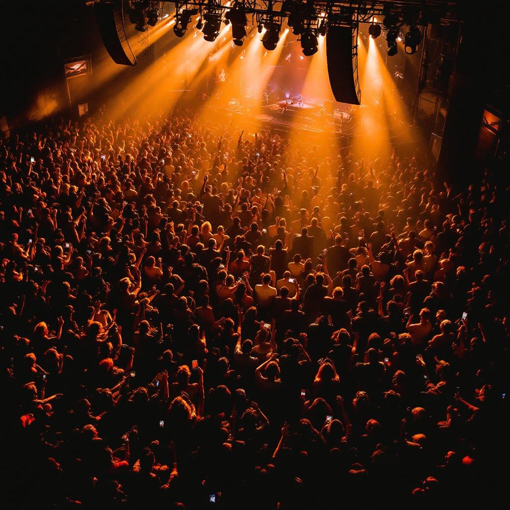 A bird's-eye view captures a bustling concert venue filled with energetic fans. The stage glows warmly under bright lights. Performers engage fully while the audience immerses themselves in the moment. People raise hands; some hold phones. The atmosphere buzzes with electric sounds of cheering and singing mixed with music.