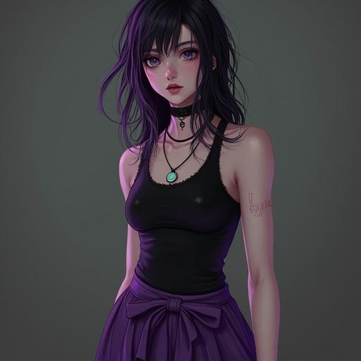 An 18 year old goth female character styled in a tank top and skirt. She has long dark and purple hair. This is a full body shot of the character.
