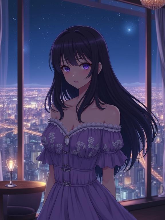A matured lady with long dark violet hair stands in a high-rise lounge. She wears a violet dress with floral patterns. She looks directly at the viewer. Behind her is a cityscape at night with illuminated buildings. The lounge has soft warm lighting. The overall mood is serene and elegant.