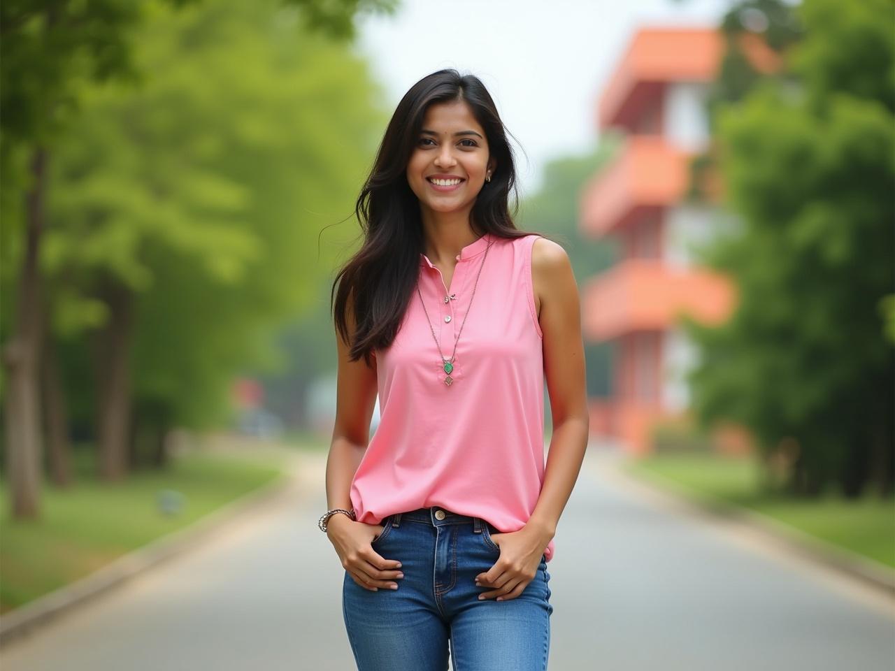 Create an image of a young woman in her college age. She should be wearing a pink sleeveless kurti paired with blue bell-bottom jeans. The woman is standing in the middle of a lush green road, radiating a warm, pleasant smile. In the background, there’s a vibrant college building that adds to the atmosphere of youth and education.