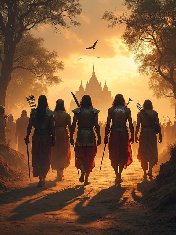 Five warriors walking in unity across a path bearing armor. They carry bows, swords, and shields. Their faces show determination. Trees slightly burn in background. Distant silhouette of a palace on horizon. Birds fly in V formation overhead. Epic war theme with cinematic feel.