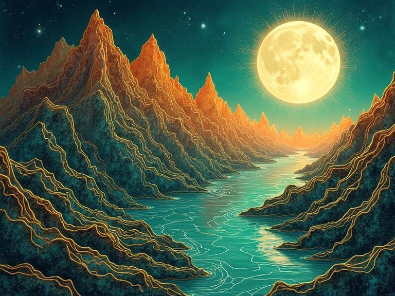 3D moonlit jagged mountain ridge twisting and winding. Radiant, breathtaking iridescent colors with intricate gold detailing. Mysterious ethereal intertwining. Fantastical dreamy enchanting sparkling light. Dominant colors include oranges and emerald greens.