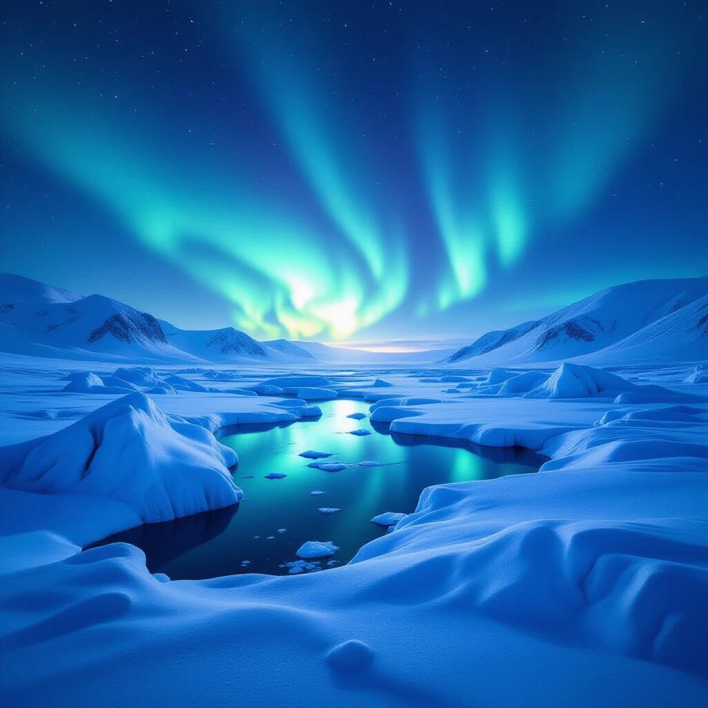 Mystical tundra with dramatic ice formations. Sky filled with northern lights. Hyper-realistic and cinematic atmosphere. High-resolution scene.