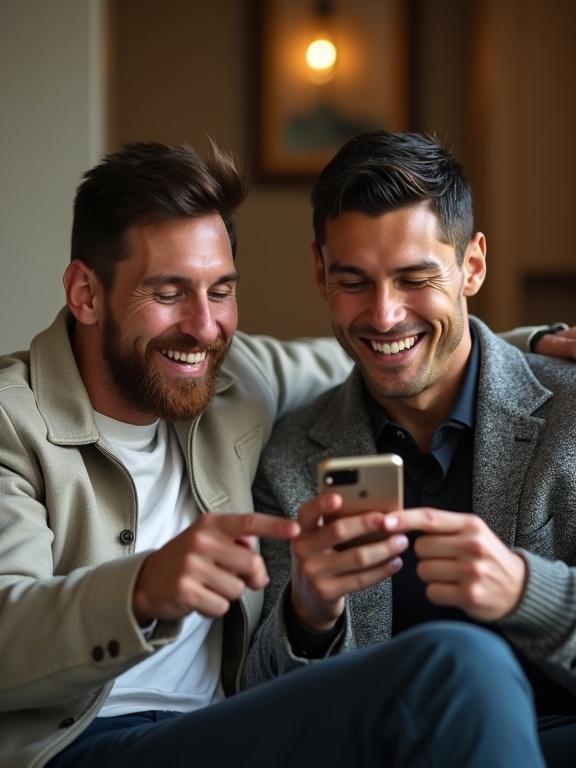 A cozy lounge room scene with two famous soccer players sharing a phone. Soft natural light enhances the friendly atmosphere. One player wears a light jacket while the other opts for a stylish sweater. They share a joyful moment pointing at the phone.