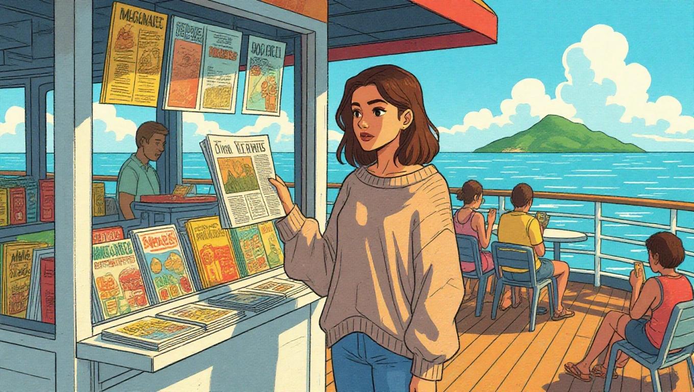 A digital illustration of a young woman named Emma on a ferry. She stands at a kiosk looking at magazines in a tropical setting. Other passengers are seen enjoying the sun. The ocean and an island are visible. The illustration has bold outlines and flat colors in comic art style. Scene is immersive and cinematic.