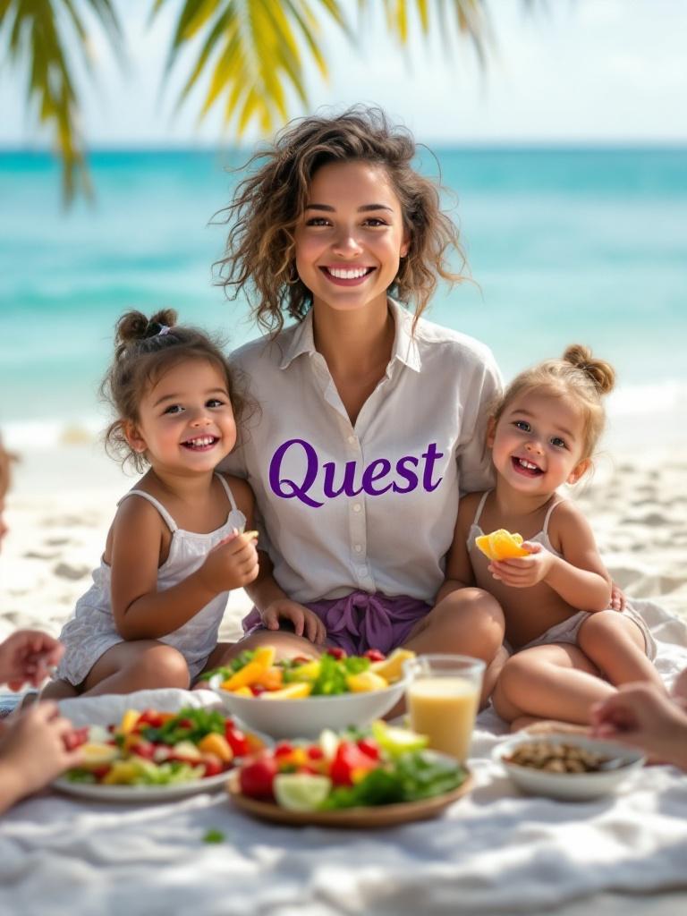 Serene Caribbean beach with white sand and turquoise waters. A friendly young woman and three lively children enjoy a picnic on a blanket. The woman wears a shirt with the word Quest in purple. Colorful healthy foods are spread around them. The atmosphere is joyful and vibrant.