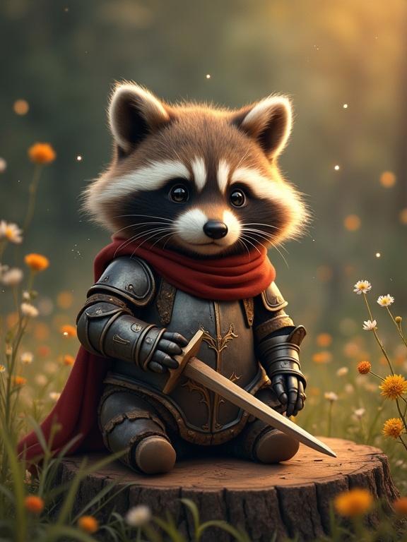 Chubby raccoon wearing knight armor sitting on tree stump holding wooden sword surrounded by wildflowers and fireflies at dusk.