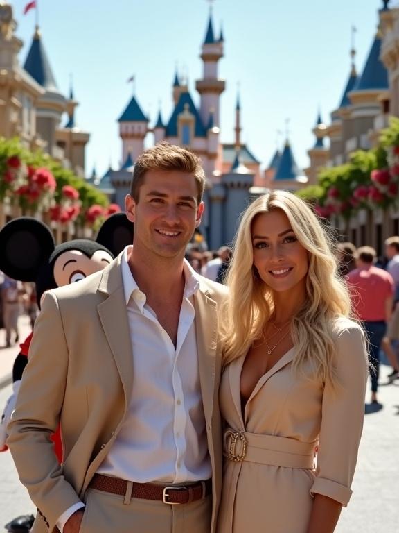 Create a high-quality digital image depicting a couple in elegant outfits at Disneyland with Mickey Mouse and Minnie Mouse in the background. Include the Disneyland castle and vibrant festive elements. Capture the sunshine and joyful atmosphere.