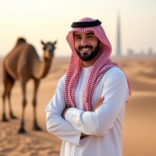 Smiling Middle Eastern man in traditional white thawb and red shemagh standing in desert. A camel is beside him, arms crossed. Warm beige and brown tones, slightly low angle perspective. Background shows light tan sand and modern skyscraper in distance. Man appears happy and confident. Soft lighting highlights features. Poster style.