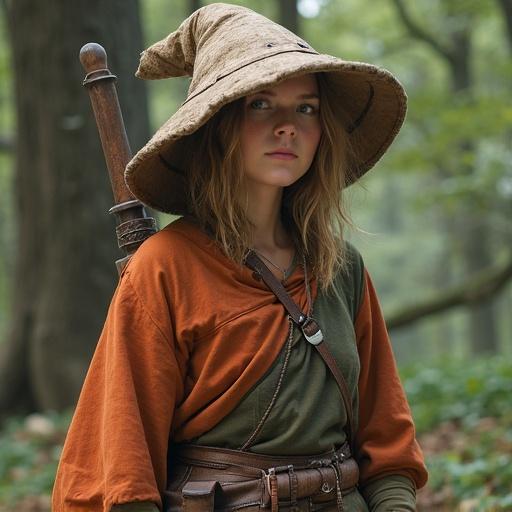 Human woman dressed as a villager from Dragon Quest in a forest setting. She wears a large hat and has a confident expression. Clothing is simplistic and adventurous. Background includes trees and natural elements.