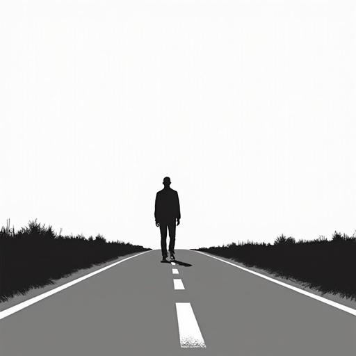 A bald human silhouette stands alone on a deserted road in a minimalist style. The image is monochrome with high contrast. The road stretches into the distance. Surrounding landscape is minimal with a focus on simplicity.