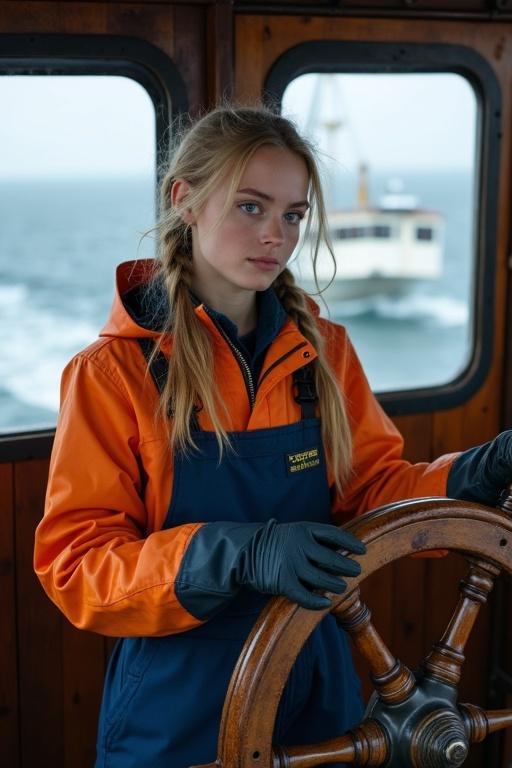 Young woman with blonde hair in pigtails helming a fishing boat. She wears an orange raincoat and blue fisherman's dungarees. Background shows a vast cold sea and a fishing harbor.