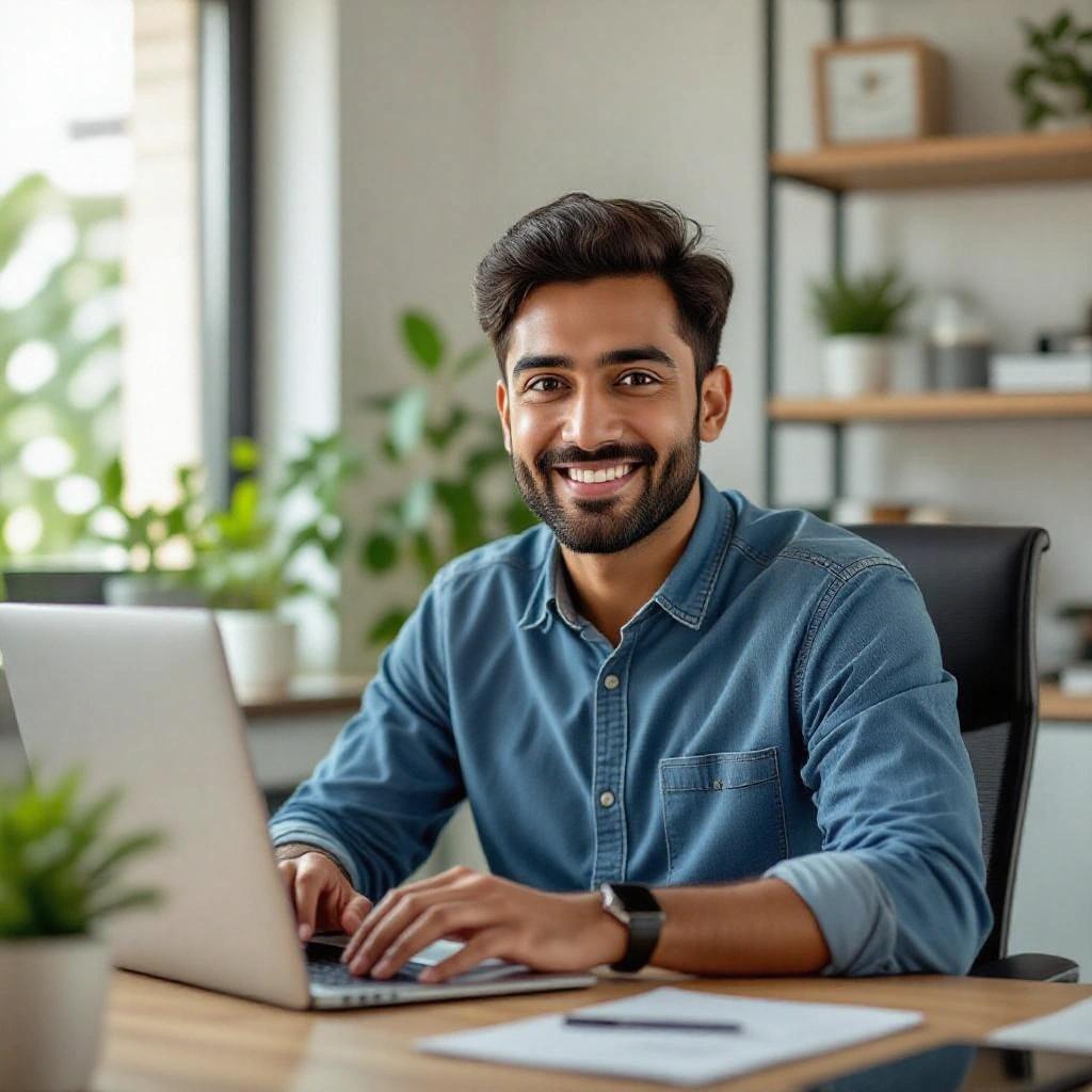 Confident Indian man smiling at camera in a clean home office. Using a laptop. Friendly and modern atmosphere. Focus on technology and learning.