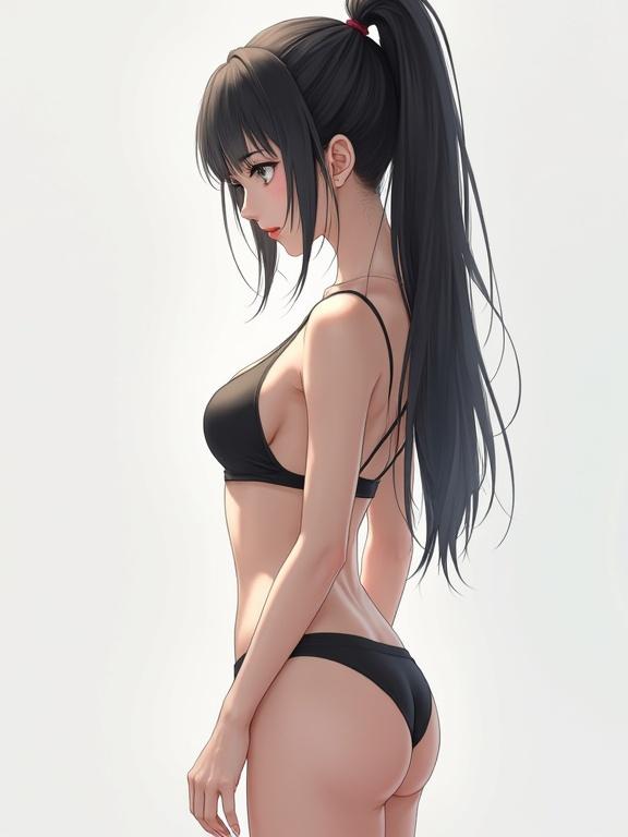 Young Japanese woman with black hair in a ponytail standing in a bikini. Full body view with a realistic and photogenic style. High-resolution illustration.