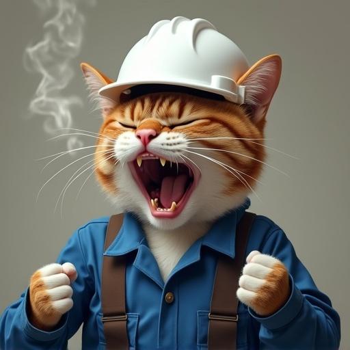 A semi-realistic cat wearing a white hard hat and blue uniform. The cat has a furious expression with its mouth wide open, shouting loudly. Paws are clenched, and steam is coming out of its ears, depicting a dramatic workplace tantrum with a humorous twist.