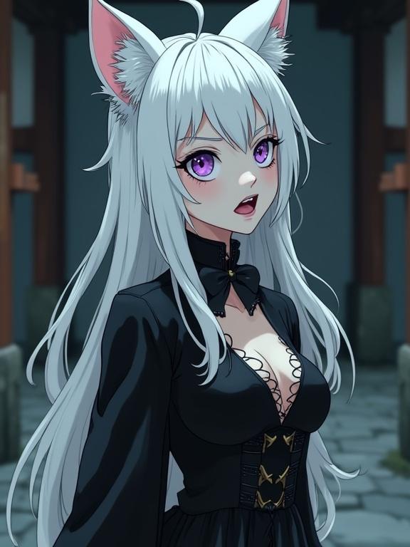 Anime style character with white hair and violet eyes. Gothic Lolita dress in black latex. Kitsune makeup influences. Standing inside a Japanese fort.