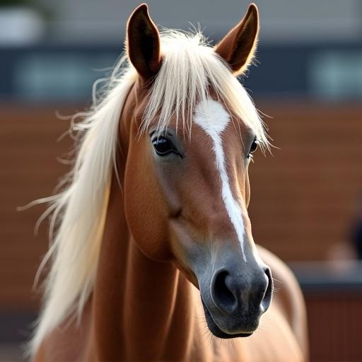 Horse stands in front of a prominent building while eating hay.