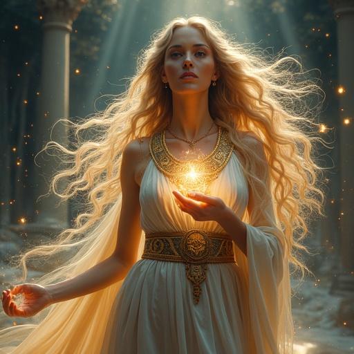 A majestic goddess stands proudly holding sparkling glasses in her right hand near her waist. Her eyes glow with magical energy. Runes swirl in her irises and around her. Long hair and robes blow gently in the wind. Ethereal light surrounds her. Streams of magical energy flow from her eyes and fingertips. Celestial symbols float in the air. Detailed skin and fabric textures are visible. Powerful and serene expression. Enchanted atmosphere.