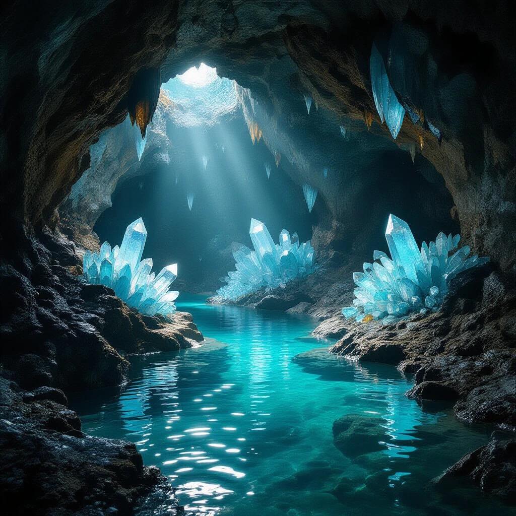 Hidden cave system features shimmering crystals and underground rivers. Hyper-realistic environment showcases cinematic elements. Image resolution is 8K.