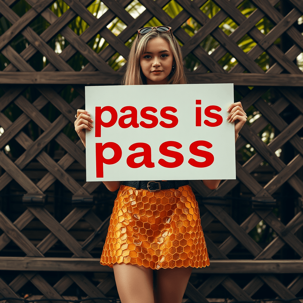 A person stands holding a sign with bold red letters saying 'pass is pass', set against a wooden lattice background with leaves visible.