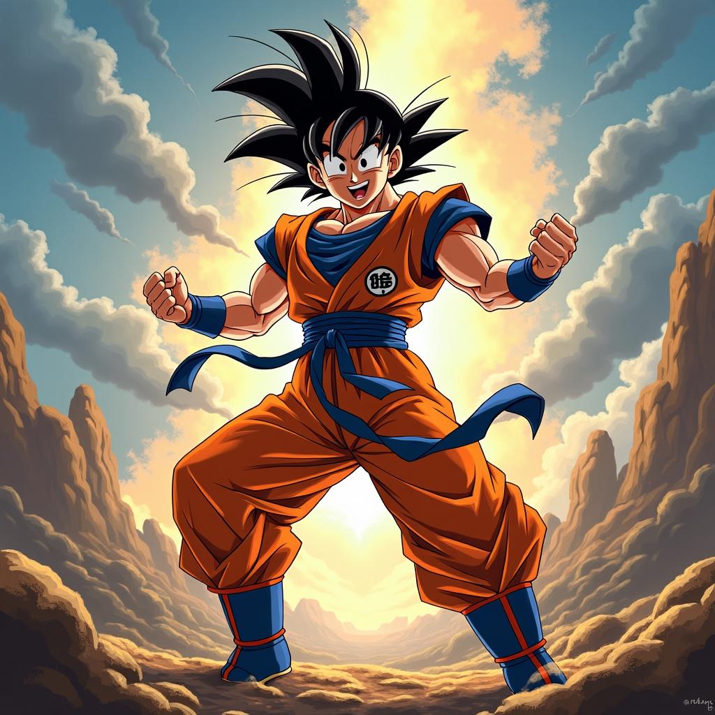 Goku in Ultra Instinct form with an energetic pose in a dynamic landscape