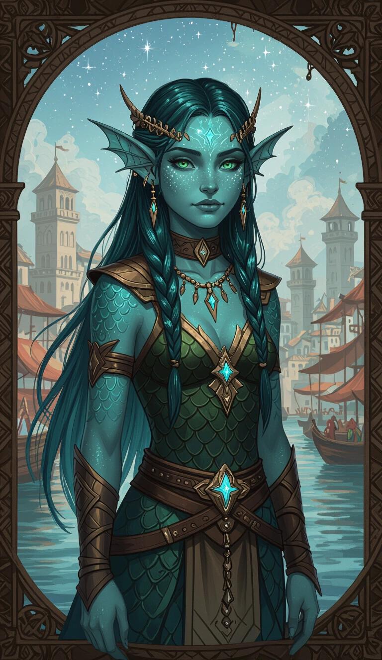 Acrylic painting illustration of a druid-inspired fish-girl. Sharp finned ears and turquoise coloured skin. Scaled texture on skin represented. Ancient Therosian fantasy port city in the background. Dressed in Theros fantasy clothing. Long green-blue hair slicked back. Character represents a constellation diviner and a starry mage.