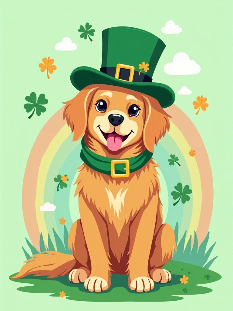 Illustration of a Golden Retriever wearing a green hat. The dog has a happy expression. Shamrocks are scattered around. A rainbow forms the background. Grass is at the bottom. The style is colorful and cheerful.