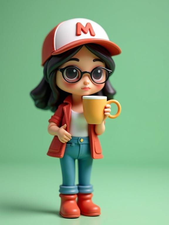 Figurita de mujer joven de pie estilo juguete de diseñador. Sostiene una taza. Piel clara. Sonrisa coqueta. Mejillas rosadas. Gafas de sol negras con montura negra. Gorra blanca con símbolo 'M' tinto. Chaleco utilitario tinto sobre camisa blanca. Pantalones azules. Botas vino tinto. Fondo verde pastel. Iluminación suave.
