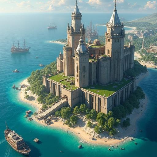 Aerial view of Highharbour featuring an imposing fortress-like city hall on an island. The scene includes luxury apartments with airship docks and lush rooftop parks. The surrounding blue waters are dotted with ships and lush green landscapes are visible.