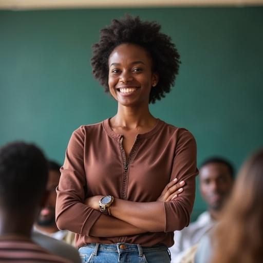 Nigerian teacher looking confident and happy in front of a class. Teacher smiles while engaging with students. Positive classroom atmosphere.