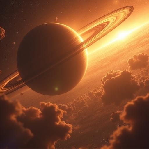Epic space opera scene featuring a giant gas planet with glowing rings under warm golden lighting. Floating asteroid clouds and cosmic dust illuminated with volumetric light rays create a hyper-detailed digital art piece in a fantasy science fiction style set against a deep space background.