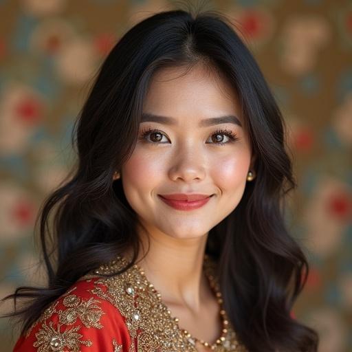 Gadis cantik Indonesia usia 20 tahun. Muda, berpenampilan tradisional Indonesia, tersenyum depan kamera.