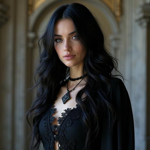 Beautiful and enigmatic sorceress with elegance and charm. Average height with a slender figure. Long, raven-black hair in loose waves. Piercing violet eyes. Pale flawless skin contrasting with dark hair. Wearing black and white intricate gown. Adorned with lace and jewelry. Exhibiting power and timeless elegance.