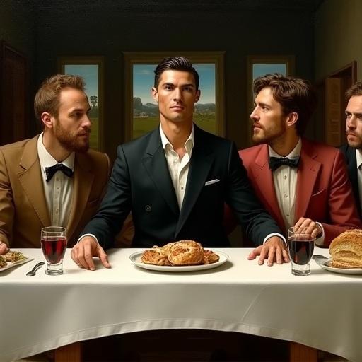 A detailed Renaissance-style painting inspired by The Last Supper with Cristiano Ronaldo, wearing a tailored black suit. Flanked by Luka Modrić, Marco Reus, Kevin De Bruyne, and Marcelo in formal suits at a dinner table. Matches original art’s background and food details. Soft golden Renaissance lighting. High-resolution canvas appearance.