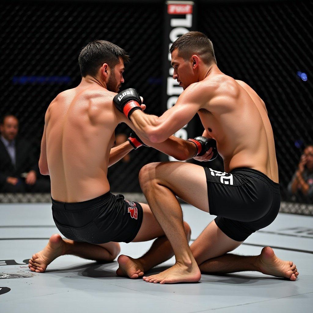 Two fighters in an MMA match. Engaged in grappling on the mat. Both are athletic and focused. Displaying strength and agility. Intensity of the sport evident. Sweat and determination visible.