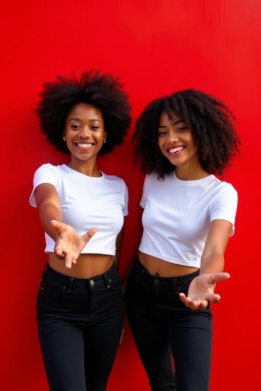 Two women stand against a vibrant red wall. They have natural hairstyles. Both wear matching white crop tops and black pants. One woman extends her hand towards the camera. Both women are smiling warmly.