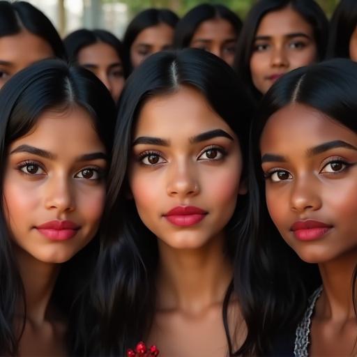 Image of several teenage girls of South Asian descent with distinct features. Almond-shaped dark brown eyes and black hair are prominent. Warm brown skin with full red lips is noticeable. Arched, thick, and well-groomed eyebrows enhance their expressions. Group gathered together, showcasing beauty and diversity.