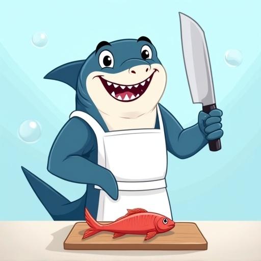 Cartoon shark mascot character in a white apron stands on tail fins. Shark holds a large silver knife. Fresh fish on a wooden board. Shark's expression is friendly with large eyes and a smile showing white teeth. Background has a light blue gradient and bubbles. Digital art with clean lines and flat colors.