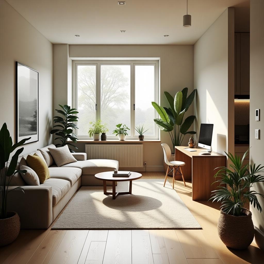 A cozy living room with warm natural light. The room has a modern design featuring a sofa, a coffee table, indoor plants, and a small office setup. A computer is on the desk, alongside decorative items.