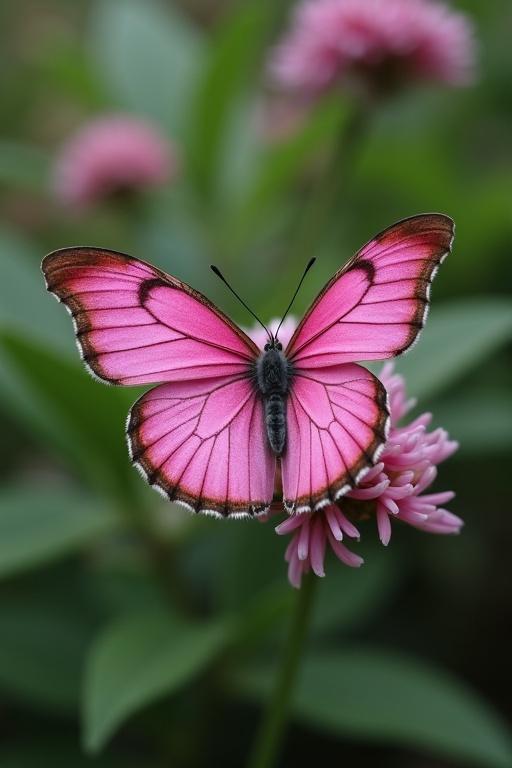 A butterfly with a dark pink color and white edges perches on a pink flower.