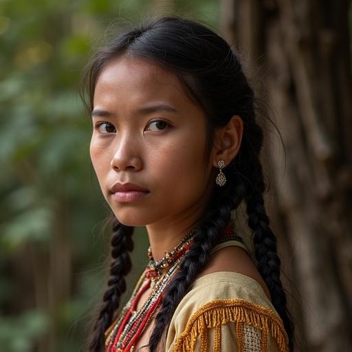 Portrait of a young Leni Lenape woman. She has traditional braided hair and wears ethnic jewelry. The background features natural elements and soft lighting.