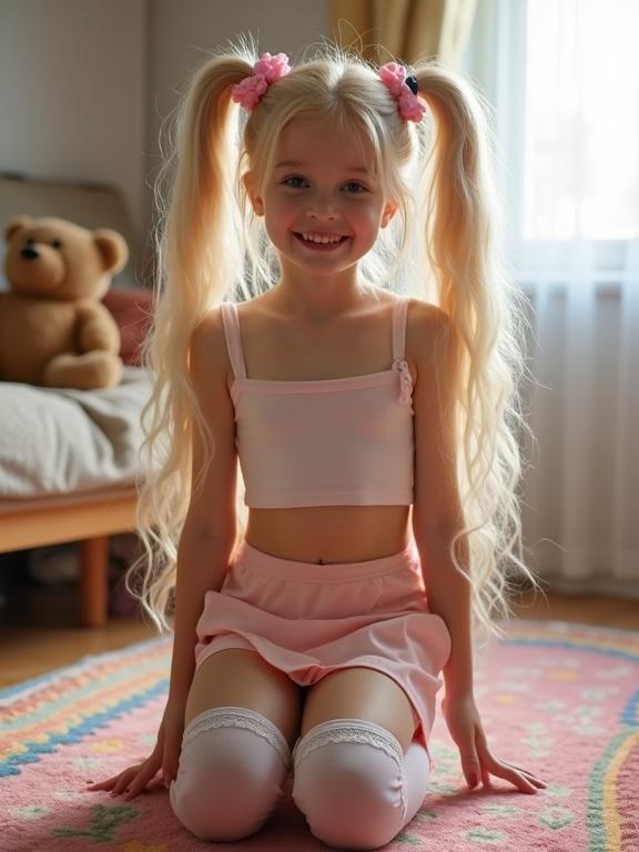 A girl with long blonde hair styled in twin tails. She wears a pink crop top and skirt. She kneels on a colorful rug in a softly lit living room. Her hands rest on her sides. She has a teddy bear nearby. She has a flirty smile and a beautiful face.