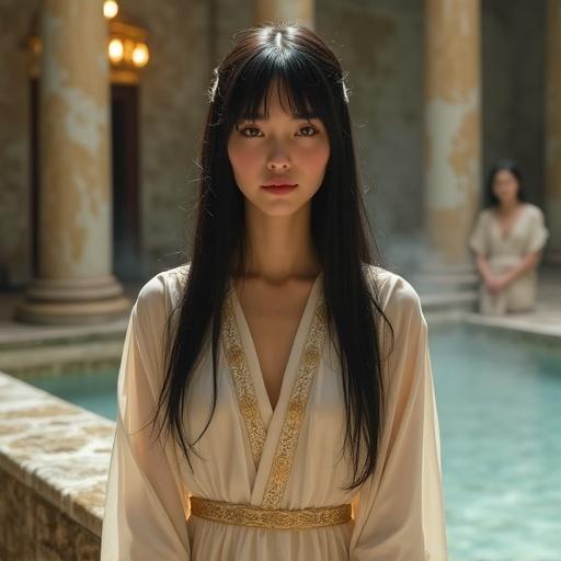 Detailed portrait of a young noblewoman in a medieval palace bathhouse stands beside a marble bath. Elegant columns and golden lanterns surround her. She has long black hair with straight bangs. The warm light enhances her porcelain skin. Dressed in a flowing silk robe with gold embroidery, she exudes grace and confidence. Quietly, noblewomen and handmaidens move in the background. Steam rises softly around the serene setting.