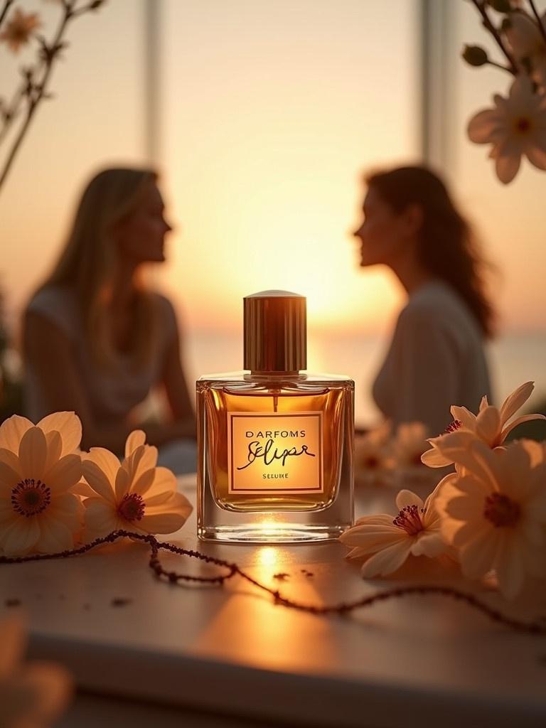 Elegant perfume bottle in focus at sunset. Surrounding flowers and decorative elements. Soft warm light creates intimate atmosphere. Background features silhouettes sharing meaningful moments. Evokes emotions and personal experiences with fragrance.