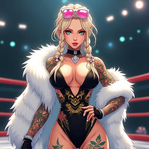 Illustration of a futuristic female anime character in a modern martial arts arena. She has emerald green eyes and oversized light blonde braids. Character wears a sexy black ninja kimono with vibrant colors and traditional tattoos. Accessories include light pink diamond jewelry and sunglasses. The scene has a dynamic pose and reflects a cyberpunk aesthetic.