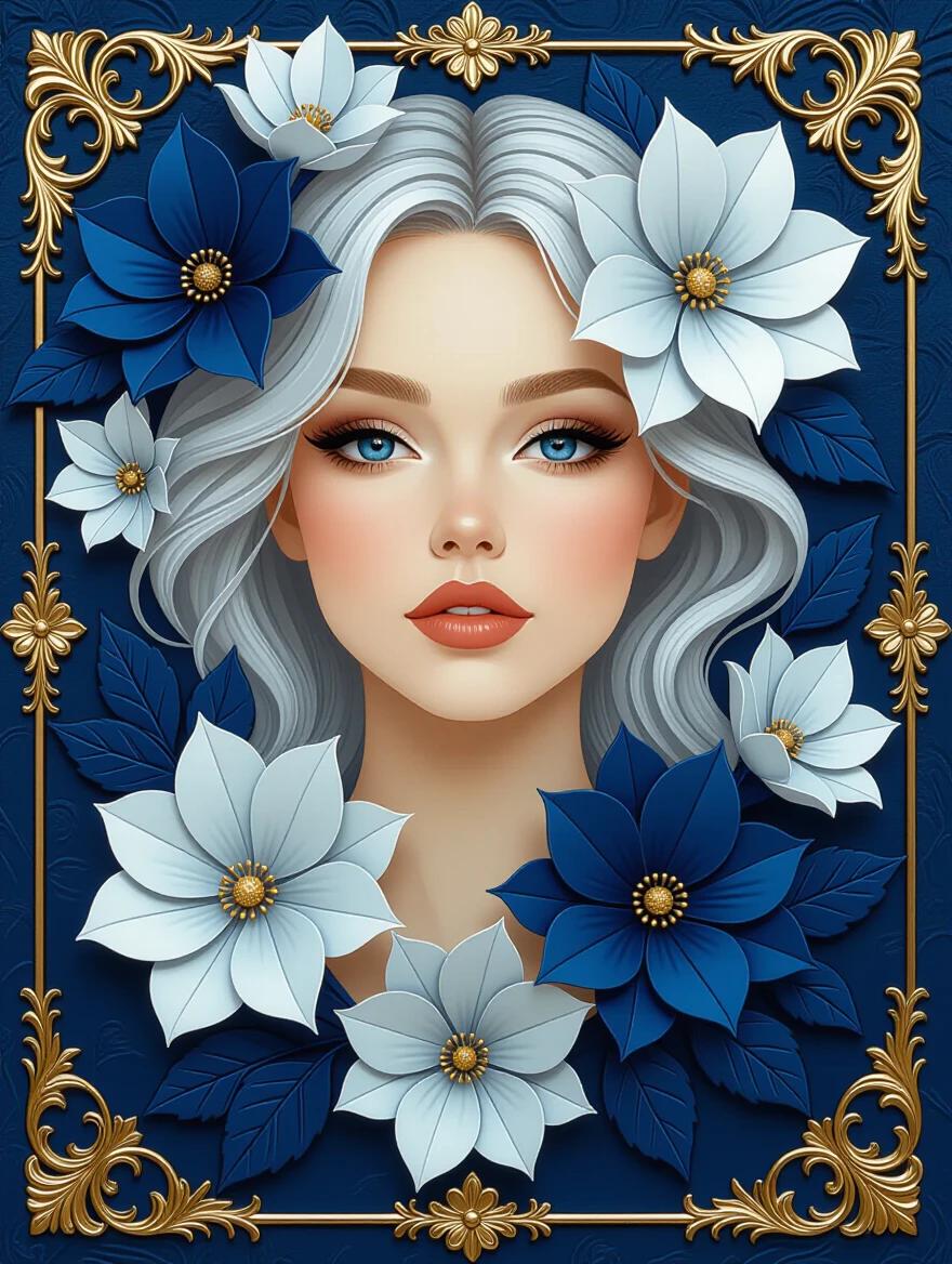 A decorative art piece featuring an elegant arrangement of silver and blue flowers. The style is realistic and hyper-detailed. The background is dark azure with gold accents. The composition is dreamy and romantic. Inspired by artists eiko ojala and tang yau hoong.