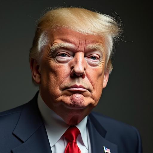 A portrait of a man with blond hair and serious expression. Dark background contrasts with bright skin tones. The man wears a suit with a red tie. Composition focuses on facial features and expression.
