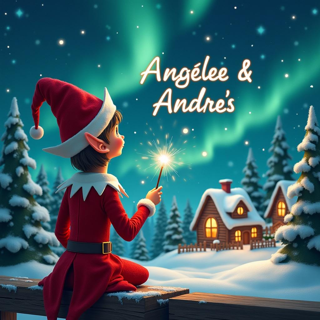 An elf dressed in a red outfit sits on a wooden ledge with its back to the viewer, gazing up at a magical starry sky. The elf holds a sparkling wand and writes the names ‘Angélee & Andre’s’ in the sky. The scenery includes charming houses, evergreen trees, and a blanket of snow illuminated by shimmering Northern Lights. This enchanting illustration radiates the joy of childhood and the essence of Christmas. Additionally, the elf writes the names 'Liam' and 'Layla' in the same sky, enhancing the whimsical atmosphere.