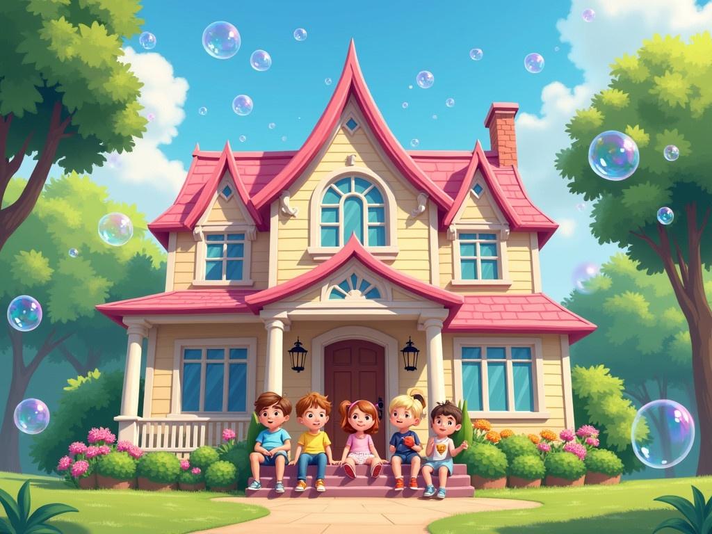 A beautiful house with a charming design and a pink roof stands in bright sunlight. The house features large windows and elegant architecture, surrounded by a well-maintained garden. In front of the house, four children sit on the steps, smiling and engaging with each other. The scene is lively, with a clear blue sky overhead. Suddenly, hundreds of beautiful bubbles are falling from the sky, adding a whimsical touch to the outdoor setting.