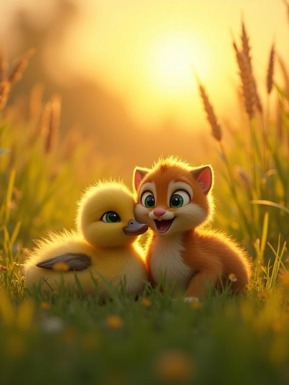A medium shot displays a duckling and a small animal lying in tall grass under a golden sky. The duckling wears a cape that flutters in the breeze. Green eyes twinkle joyfully while the fur glows in the light. In the background, grass shifts hinting at potential danger. Cinematic lighting creates a magical scene with sun rays.